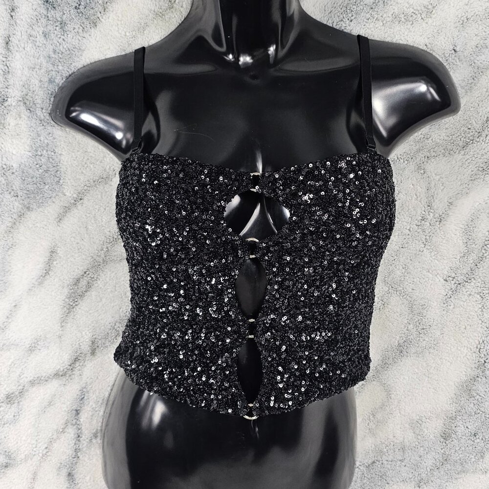 Dolls Kill Club Exx XXL Black Sequin Mesh O-Ring Cutout Crop Top Rave Festival